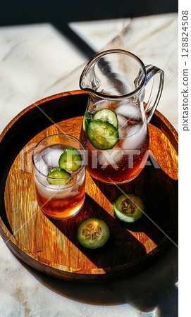 Elegant glass pitcher with Sassy water and cucumber slices illuminated by natural sunlight Elegant glass pitcher with Sassy water and cucumber slices illuminated by natural sunlight 128824508