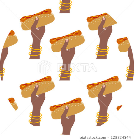 Dark Skin female hand Hold Hot Dog with sausage and Sesame bun Repeating Pattern on Circle Backdrop 128824544