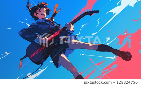 A happy girl holding a guitar 128824750