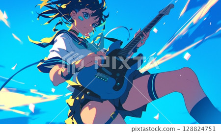 A happy girl holding a guitar 128824751