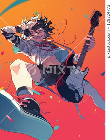 A happy girl holding a guitar 128824772