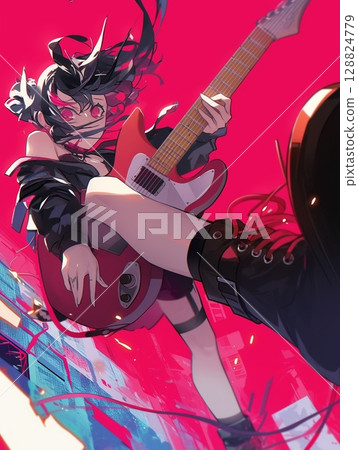 A happy girl holding a guitar 128824779