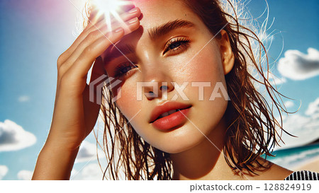 出汗的夏天女人,中暑和防曬霜圖像夏天疲憊的女人 H 出汗的夏天女人,中暑和防曬霜圖像夏天疲憊的女人 H 128824919