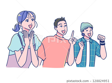 Young men and women in anime style looking up and impressed 128824951