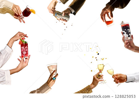 Collage of celebration drinks with colorful garnishes and glitter 128825053