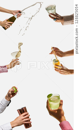 Collage of hands pouring, squeezing lime, and mixing vibrant cocktails on white background 128825054
