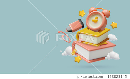 3D education background with a clock, books, felt-tip pen and stars 128825145