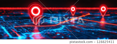 Row of digital navigation pins on a luminous landscape, illustrating global connectivity and smart travel guidance. Row of digital navigation pins on a luminous landscape, illustrating global connectivity and smart travel guidance. 128825411