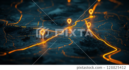 Futuristic city map with golden glowing streets and markers, ideal for themes of technology, logistics, and data. 128825412