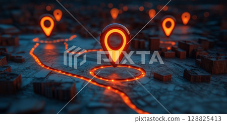 Cluster of radiant GPS location pins on a night city map, representing direction search and destination pinpointing. 128825413