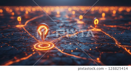 Orange navigation pins surround a central GPS marker, visualizing interconnected urban routes and transportation. 128825414
