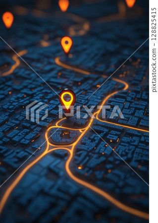Vertical digital city map with luminous paths and pinpoint markers, expressing navigation and geographic data. 128825415