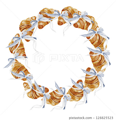 Croissant watercolor frame. Hand drawn fresh french bun with a bow. Food clip art. Ideal for bakery prints, postcards and pastry shop posters. 128825523