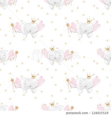 Baby tooth watercolor seamless pattern. Cute cartoon molar with crown and a magic wand on isolated white background. Dental clip art. Ideal for cards and invitations to the party baby's first tooth Baby tooth watercolor seamless pattern. Cute cartoon molar with crown and a magic wand on isolated white background. Dental clip art. Ideal for cards and invitations to the party baby's first tooth 128825529