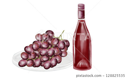 Wine bottle and grapes watercolor painting. Drink glass alcoholic red sparkling. Clip art drinks. Wine shop booklets. Ideal for restaurant menus, posters and wine list. 128825535