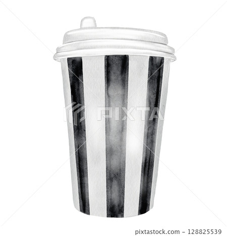 Watercolor cardboard coffee cup. Hot drink to go, isolated on white background. Food illustration. For coffee shop logos and shop window stickers Watercolor cardboard coffee cup. Hot drink to go, isolated on white background. Food illustration. For coffee shop logos and shop window stickers 128825539