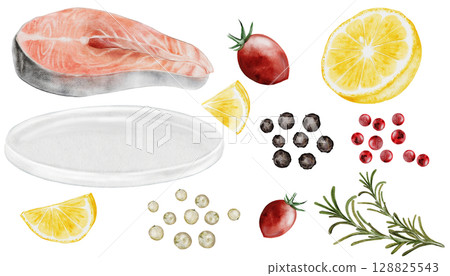 Salmon fillet watercolor set. Hand drawn red fish steak on white background. Food clip art. Ideal for farm fish packaging design, restaurant menus and culinary blogs Salmon fillet watercolor set. Hand drawn red fish steak on white background. Food clip art. Ideal for farm fish packaging design, restaurant menus and culinary blogs 128825543