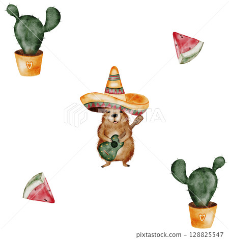 Capybara cartoon watercolor seamless pattern. A funny animal in a Mexican sombrero hat with a guitar. Cute water pig hand drawing on isolated white background. Clip art of a friendly guinea pig. Ideal Capybara cartoon watercolor seamless pattern. A funny animal in a Mexican sombrero hat with a guitar. Cute water pig hand drawing on isolated white background. Clip art of a friendly guinea pig. Ideal 128825547