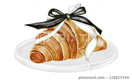 Croissant watercolor illustration. Hand drawn fresh french bun with a bow. Food clip art. Ideal for bakery prints, postcards and pastry shop posters. 128825549