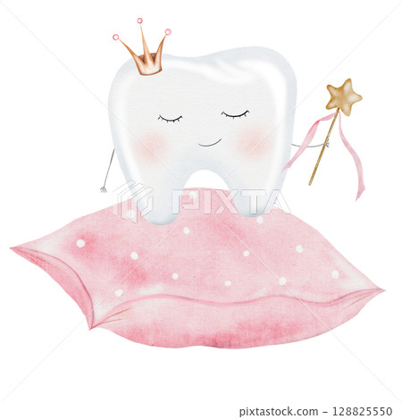 Baby tooth watercolor. Cute cartoon molar with crown on the pillow on isolated white background. Dental clip art. Ideal for cards and invitations to the party baby's first tooth, kawaii posters in the Baby tooth watercolor. Cute cartoon molar with crown on the pillow on isolated white background. Dental clip art. Ideal for cards and invitations to the party baby's first tooth, kawaii posters in the 128825550