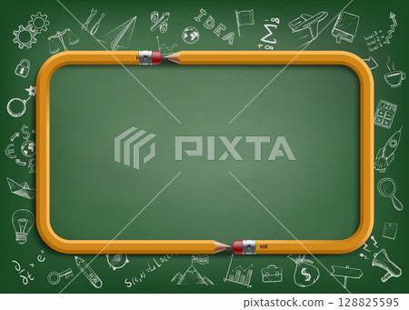 School green chalk board with pencil frame. School green chalk board with pencil frame. 128825595
