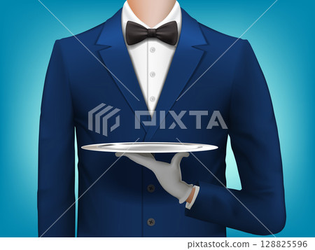 Male waiter with empty tray in hand. Male waiter with empty tray in hand. 128825596