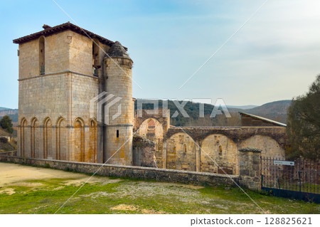 View of the ruins of Monastery of San Pedro de Arlanza in Burgos province, Spain. 128825621