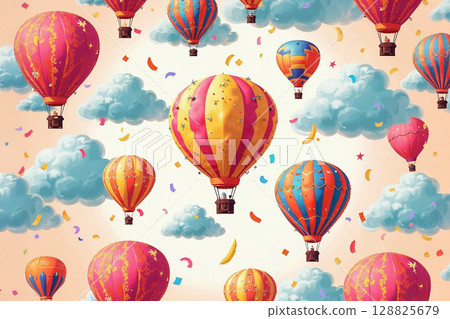 Vibrant hot air balloons fly among clouds with falling confetti. Cheerful illustration for celebration, adventure, or imaginative designs. 128825679