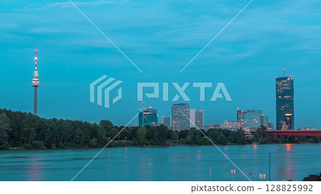 Beautiful cityscape with modern buildings day to night timelapse, the tallest skyscraper in Austria Beautiful cityscape with modern buildings day to night timelapse, the tallest skyscraper in Austria 128825992