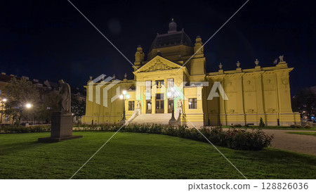 Art pavillion in Zagreb night timelapse hyperlapse. Croatia 128826036