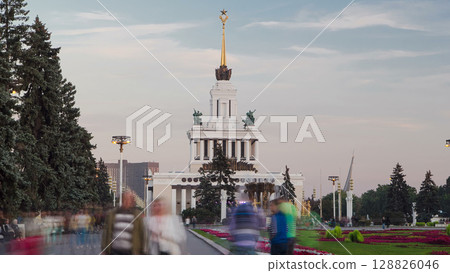 Golden fountain and pavilion in the national exhibition center timelapse hyperlapse, Moscow, Russia Golden fountain and pavilion in the national exhibition center timelapse hyperlapse, Moscow, Russia 128826046