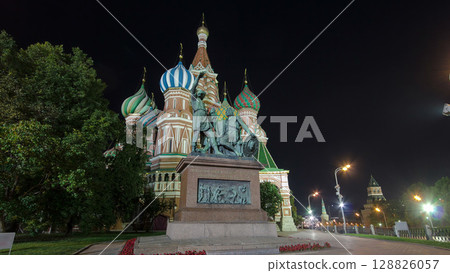 St. Basils cathedral and monument to Minin and Pozharsky timelapse hyperlapse in Moscow, Russia 128826057