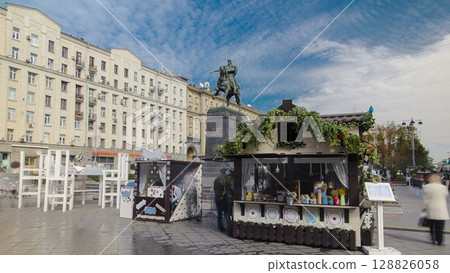 Monument to Yuri Dolgoruky, the founder of Moscow on the Tverskaya Square timelapse hyperlapse Moscow, Russia Monument to Yuri Dolgoruky, the founder of Moscow on the Tverskaya Square timelapse hyperlapse Moscow, Russia 128826058