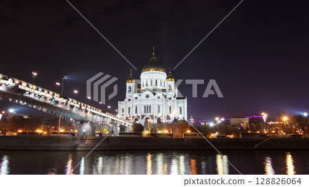 Majestic orthodox Cathedral of Christ Saviour and bridge at dusk on bank of Moscow river. Timelapse hyperlapse, Russia Majestic orthodox Cathedral of Christ Saviour and bridge at dusk on bank of Moscow river. Timelapse hyperlapse, Russia 128826064