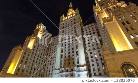 Stalin's famous skyscraper on Kudrinskaya Square timelapse hyperlapse, Moscow, Russia. 128826076
