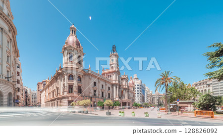 Valencia City Hall or Ajuntament de Valencia timelapse hyperlapse in Plaza de Ayuntamiento. Spain 128826092