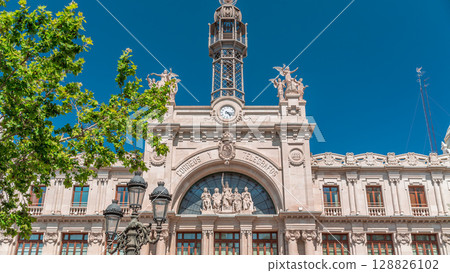Historic Post Office in Valencia timelapse at City Hall Square. Spain 128826102
