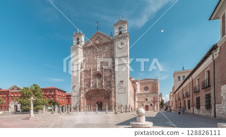 San Pablo Church in Valladolid with detailed facade and twin towers timelapse 128826111