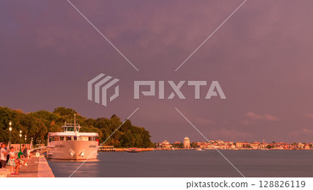 View of waterfront timelapse with ship at the riva degli schiavoni in Venice 128826119