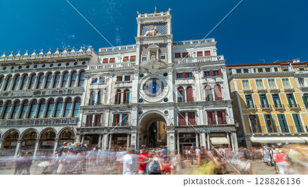 St Mark's Clock tower timelapse hyperlapse on Piazza San Marco, facade, Venice, Italy. 128826136