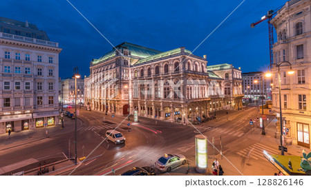 Beautiful view of Wiener Staatsoper aerial day to night timelapse in Vienna, Austria Beautiful view of Wiener Staatsoper aerial day to night timelapse in Vienna, Austria 128826146