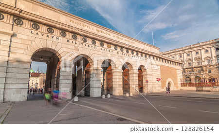 Exterior of outer castle gate from Ringstrasse timelapse hyperlapse in Vienna city in sunny day. 128826154