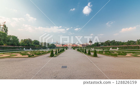 Belvedere palace with beautiful floral garden timelapse hyperlapse, Vienna Austria Belvedere palace with beautiful floral garden timelapse hyperlapse, Vienna Austria 128826159