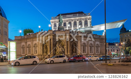 Night view of equestrian statue of Archduke Albert in front of the Albertina Museum day to night timelapse in Vienna, Austria 128826162