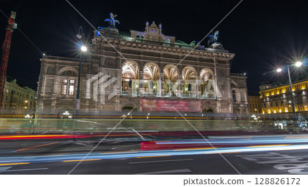 Beautiful view of Wiener Staatsoper night timelapse hyperlapsecin Vienna, Austria 128826172