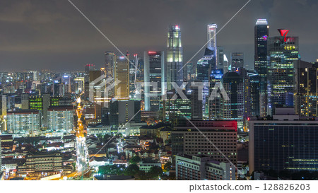 Aerial view of Chinatown and Downtown of Singapore night timelapse Aerial view of Chinatown and Downtown of Singapore night timelapse 128826203
