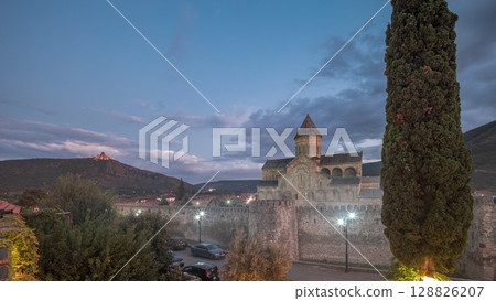 The Svetitskhoveli Cathedral aerial day to night timelapse. Mtskheta, Georgia The Svetitskhoveli Cathedral aerial day to night timelapse. Mtskheta, Georgia 128826207