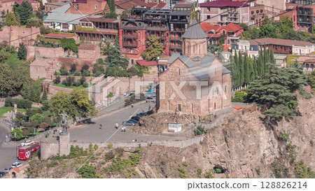 Metekhi Virgin Mary Assumption Church aerial timelapse. Tbilisi, Georgia. 128826214