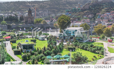 Metekhi Virgin Mary Assumption Church and Rike Park aerial timelapse. Tbilisi, Georgia. 128826224