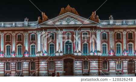 The Capitole de Toulouse night timelapse hyperlapse showcases the historic city hall. France The Capitole de Toulouse night timelapse hyperlapse showcases the historic city hall. France 128826248